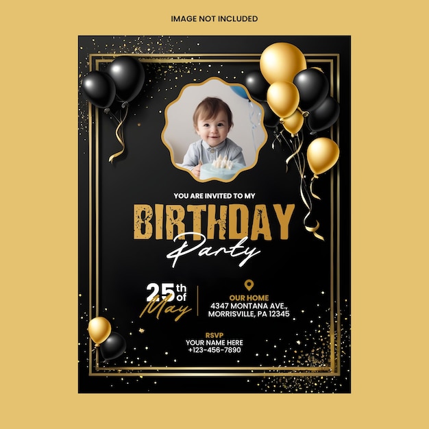 PSD gold and black birthday party invitation template with photo