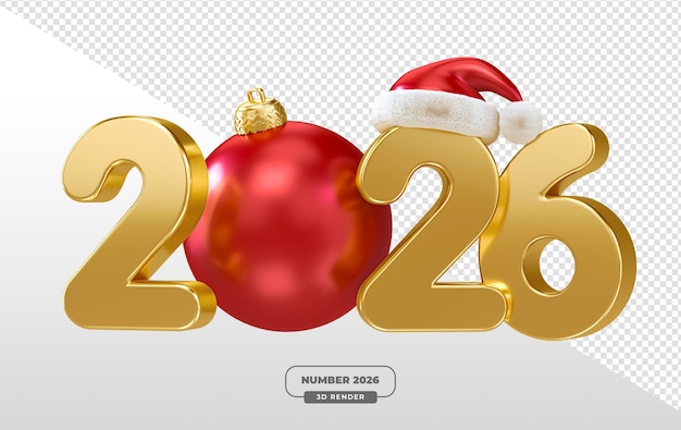 PSD golden 2026 christmas typography in 3d render with transparent background