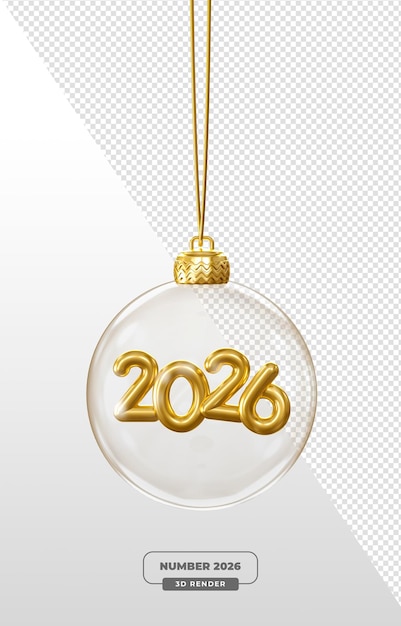 PSD golden 2026 hanging ornament in 3d render with transparent background