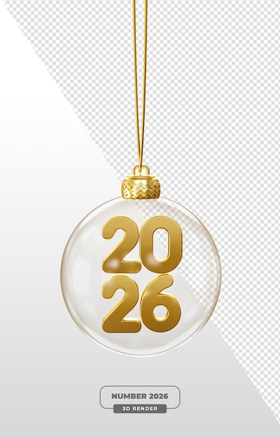 PSD golden 2026 hanging ornament in 3d render with transparent background