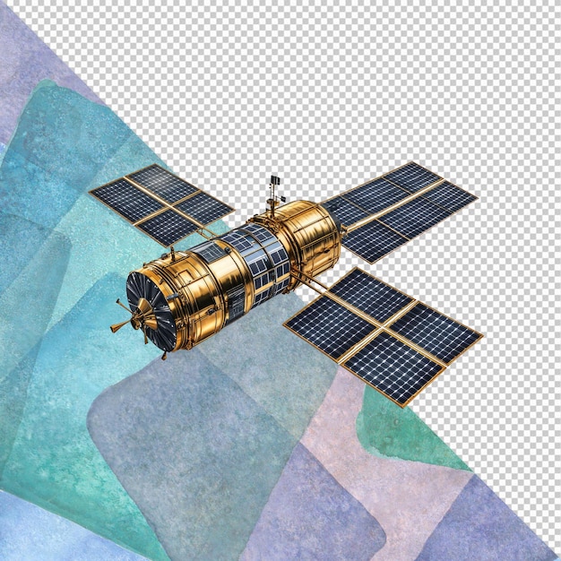 PSD golden satellite in space 3d render of advanced communication technology