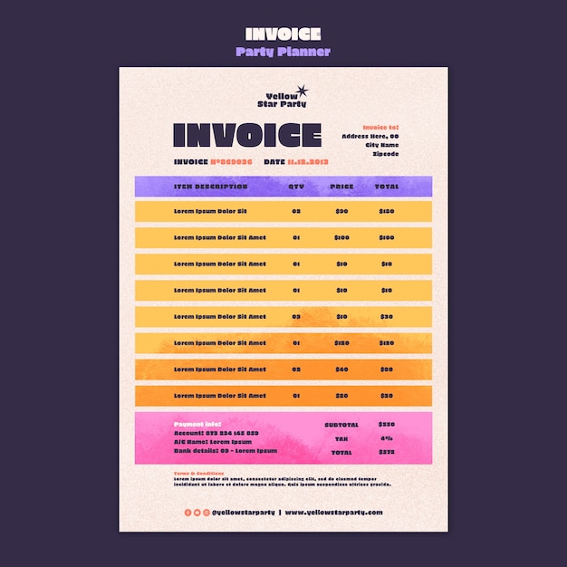 PSD gradient party planner invoice template