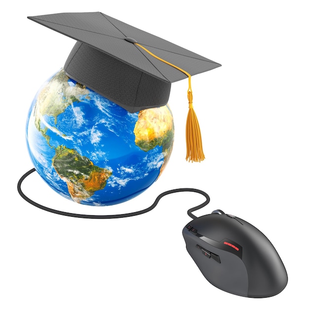 PSD graduation cap on earth globe with computer mouse global online education and elearning 3d rendering isolated on transparent background