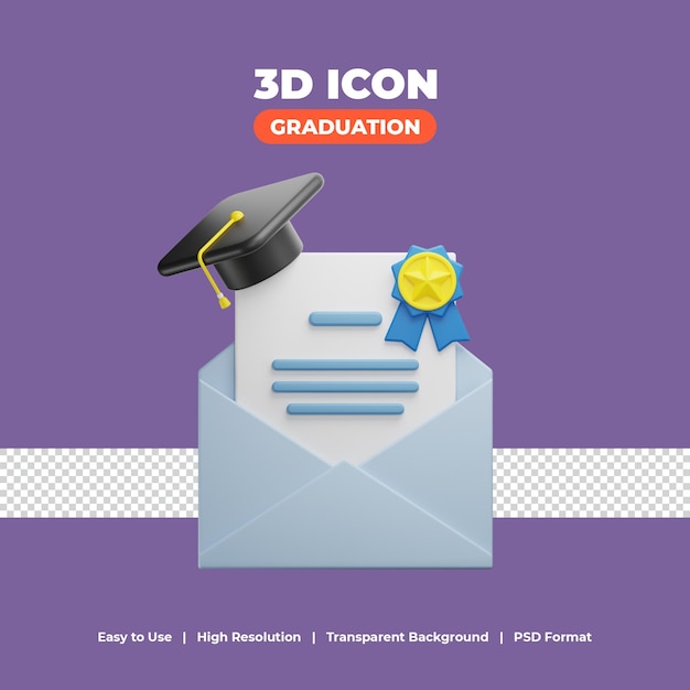 PSD graduation letter mail with 3d render icon illustration