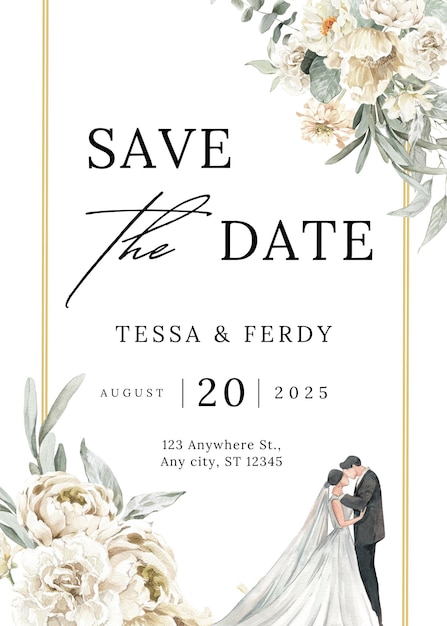PSD green and beige leaves save the date wedding invitation