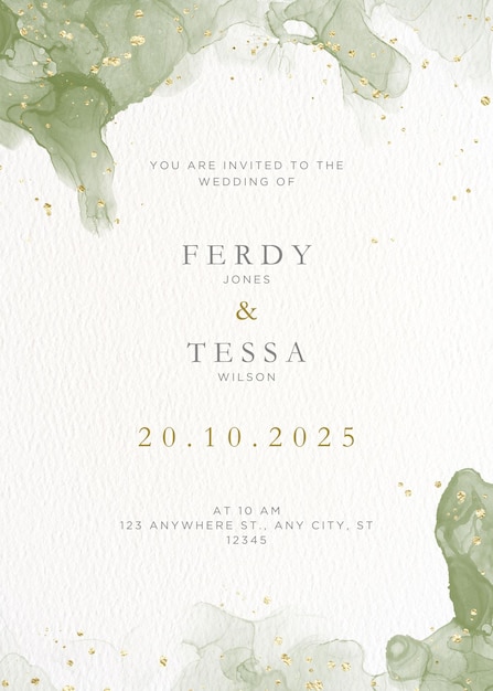PSD green and gold watercolor wedding invitation 1