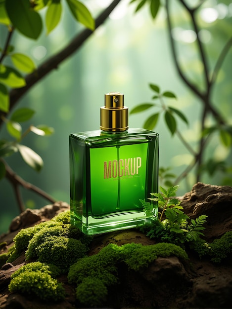 PSD green perfume bottle mockup in forest setting