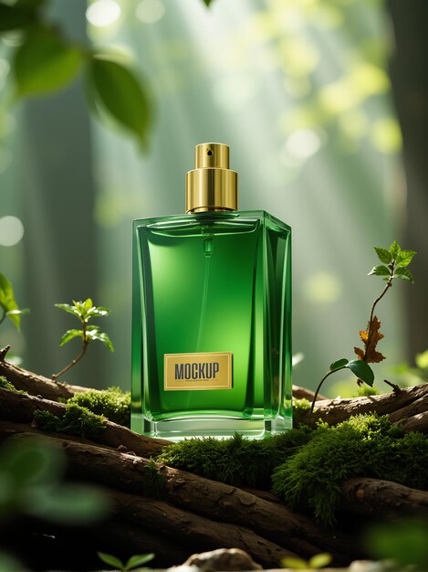 PSD green perfume bottle mockup in forest setting