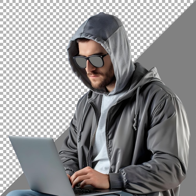 PSD hacker working on laptop on transparent background ai generated