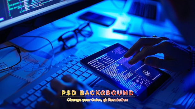 PSD hands of coder typing very fast blurred motion