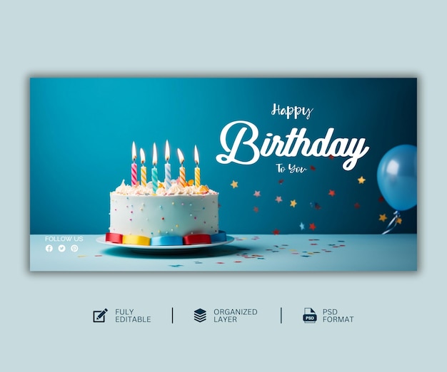 PSD happy birthday card with delicious birthday cake and birthday invitation social media template