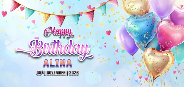PSD happy birthday template with airfield love shape balloons and decoration flag around golden stars