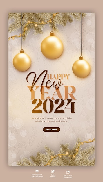 PSD happy new year 2024 celebration instagram and facebook story post design or banner template