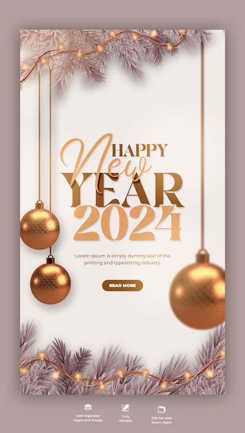 PSD happy new year 2024 celebration instagram and facebook story post design or banner template