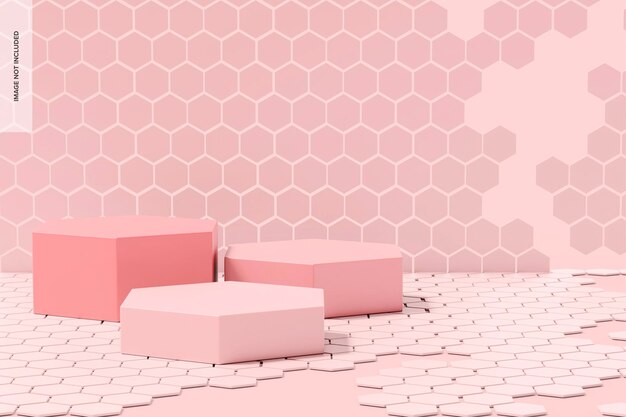PSD hexagonal pink podiums mockup