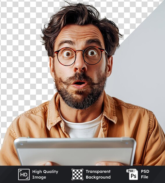 PSD high quality transparent image of man surprised while looking at tablet screen digital device holdi
