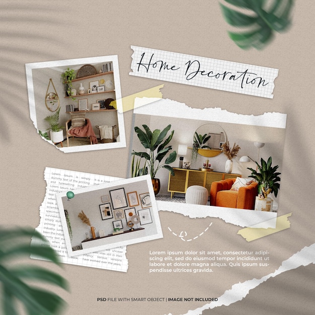 PSD home decoration photo frame set mockup with ripped paper