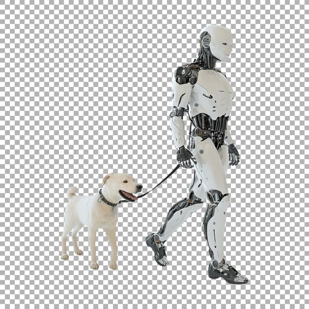 PSD humanoid robot walking with dog on transparent background ai generated