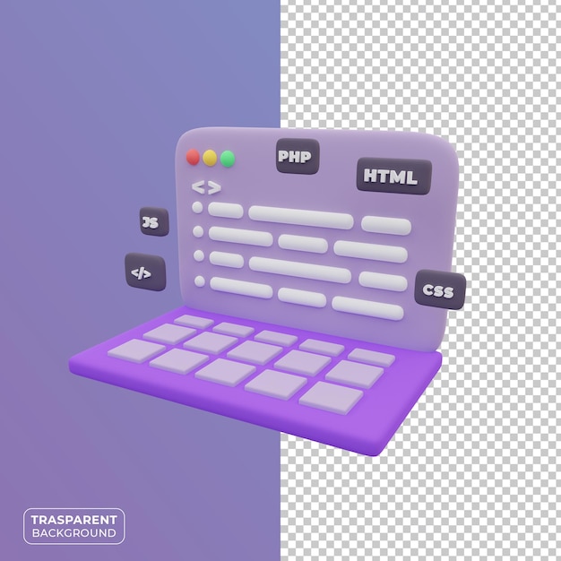 PSD illustration of programming on a laptop with multiple programming languages in 3d render