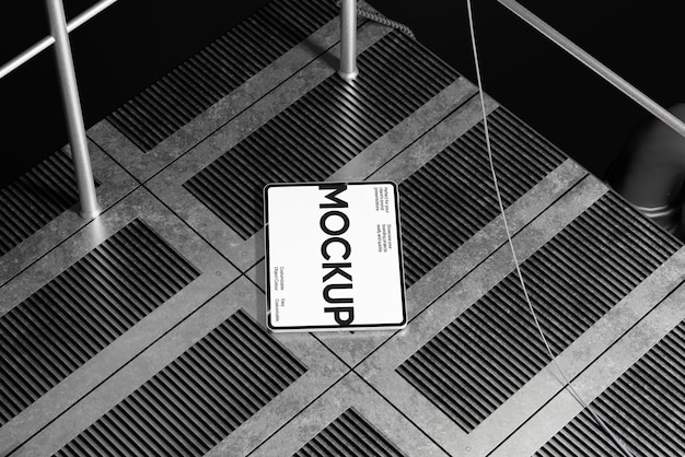 PSD industrial tablet mockup on metal grid