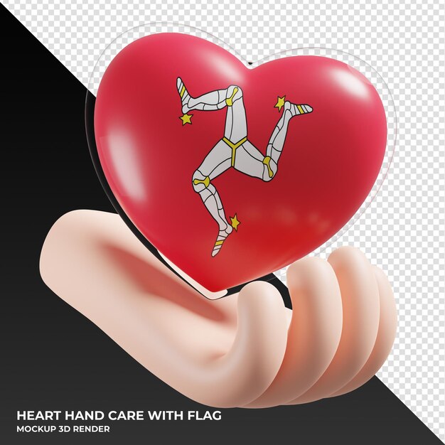 PSD isle of mann flag with heart hand care realistic 3d textured