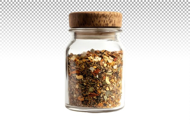 PSD a jar of spices is sitting on a white background