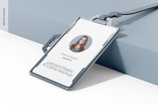 PSD lanyard plastic id card mockup leaned