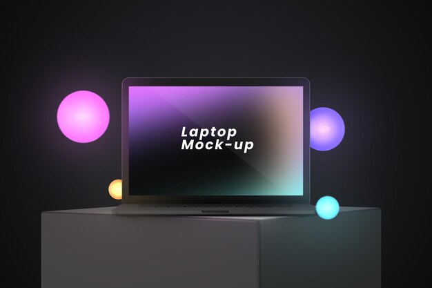 PSD laptop mockup standing flat in the dark