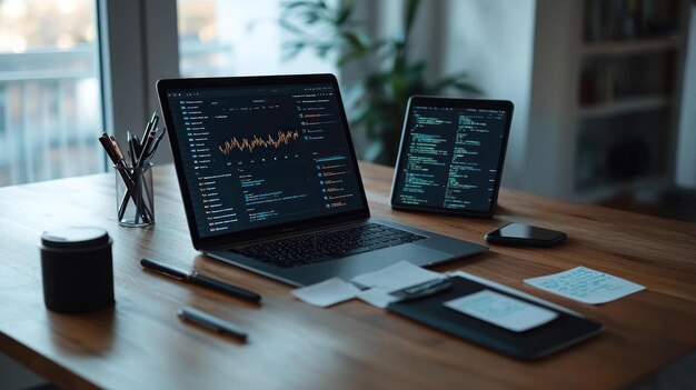 PSD a laptop and tablet displaying code on a wooden desk