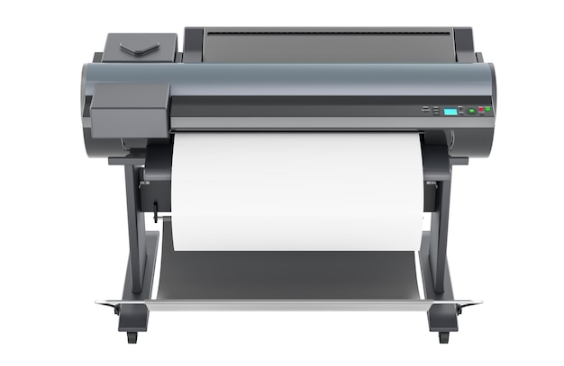 PSD large format plotter printer with blank sheet front view 3d rendering isolated on transparent background