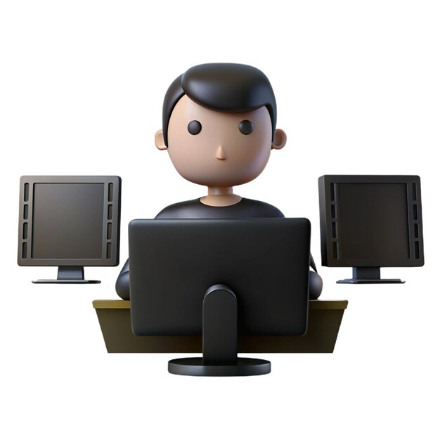 PSD a lego man sits in front of two monitors