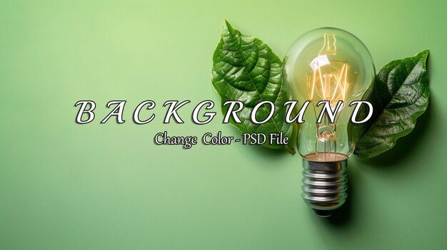 PSD light bulb and green leaves on a green background