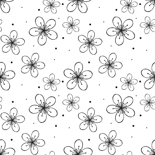 PSD line drawings of flowers and polka dots repeating raster pattern