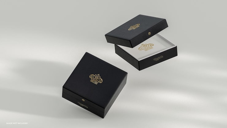 PSD luxury jewelry box mockup with elegant gold foil logo branding 3d render