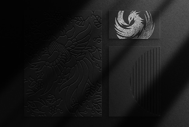 PSD luxury silver embossed papers top view mockup