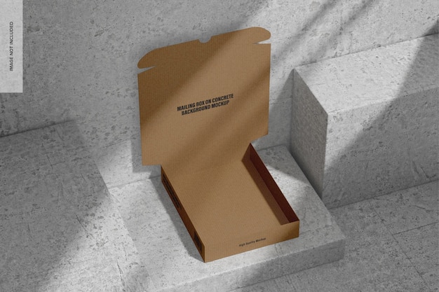 PSD mailing box on concrete background mockup, opened