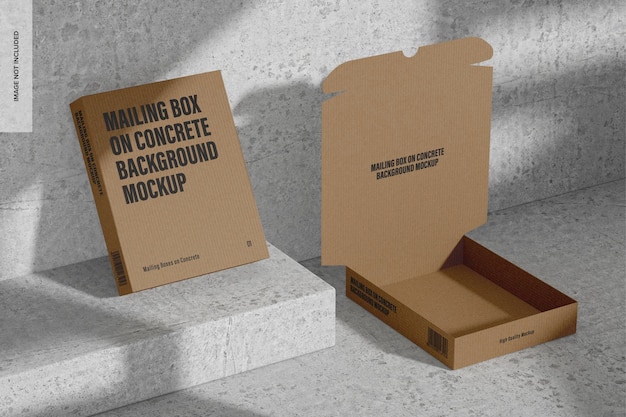 PSD mailing boxes on concrete background mockup, perspective