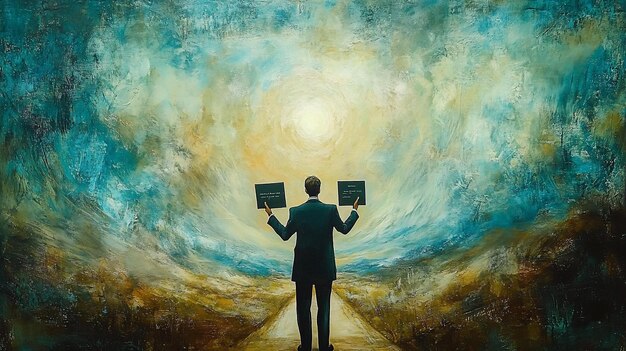 PSD man chooses path surreal landscape