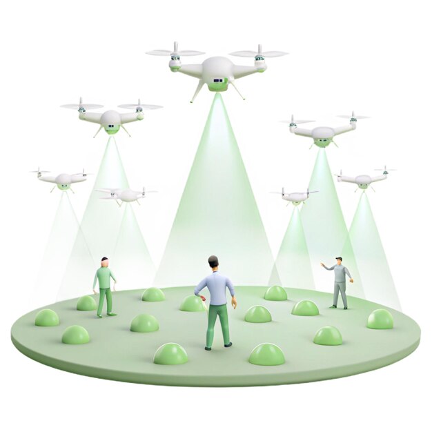 PSD a man is standing in front of a group of people flying drones