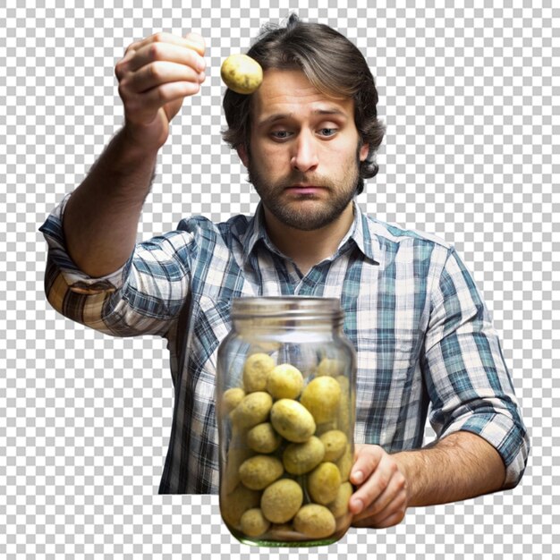 PSD a man is throwing a potato into a jar