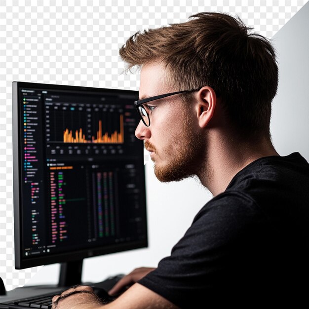 PSD a man is working on a computer with a computer screen showing the data