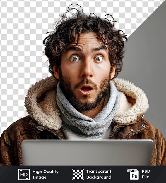 PSD man looking at laptop with surprised expression on transparent background
