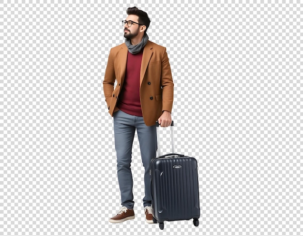 PSD a man with a suitcase and a brown jacket