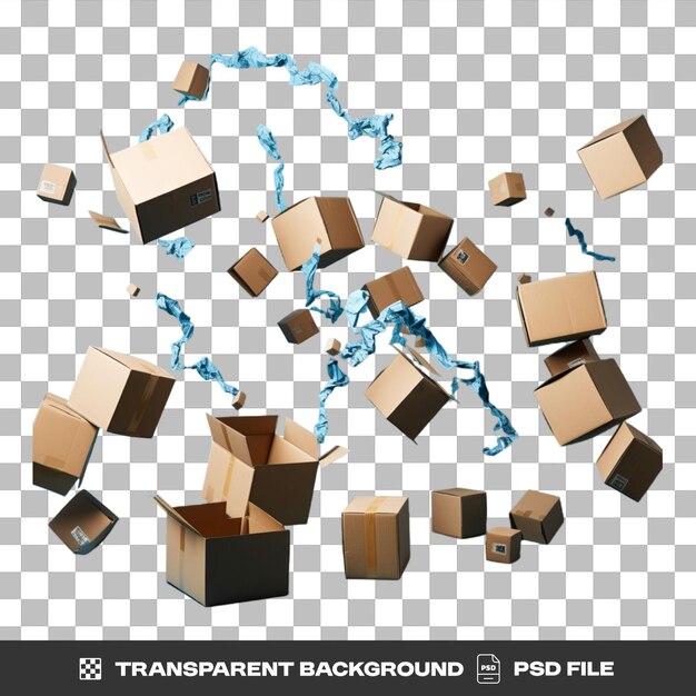 PSD many cardboard boxes explode with light blue confetti on a transparent background