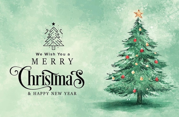 PSD merry christmas card with artistic christmas tree in green watercolor background