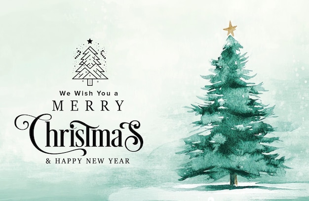 PSD merry christmas card with artistic christmas tree in green watercolor background