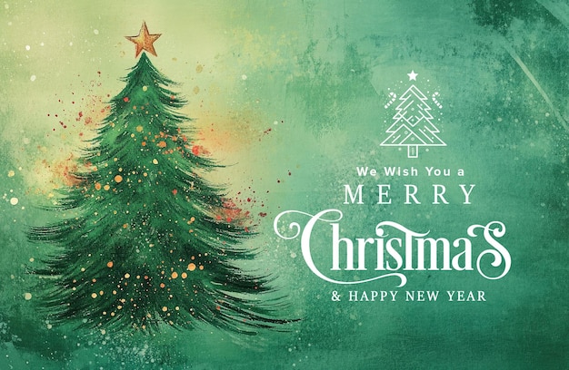 PSD merry christmas card with artistic christmas tree in green watercolor background