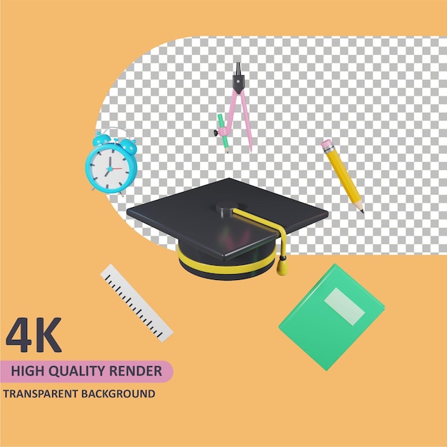 PSD modeling 3d object render graduation hats and school supplies