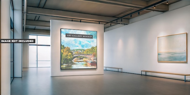 PSD modern art gallery interior mockup with displayed paintings
