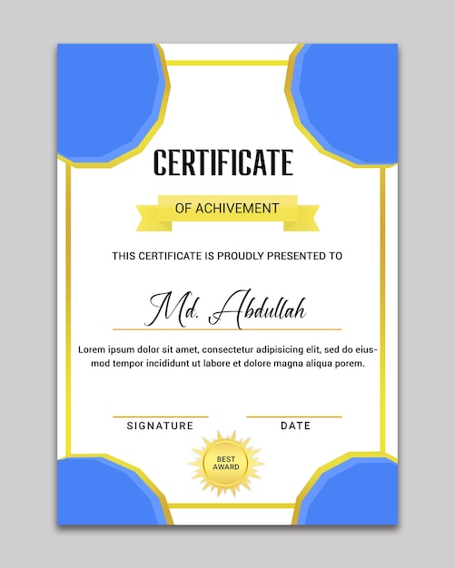 PSD modern certificate of achievement psd template